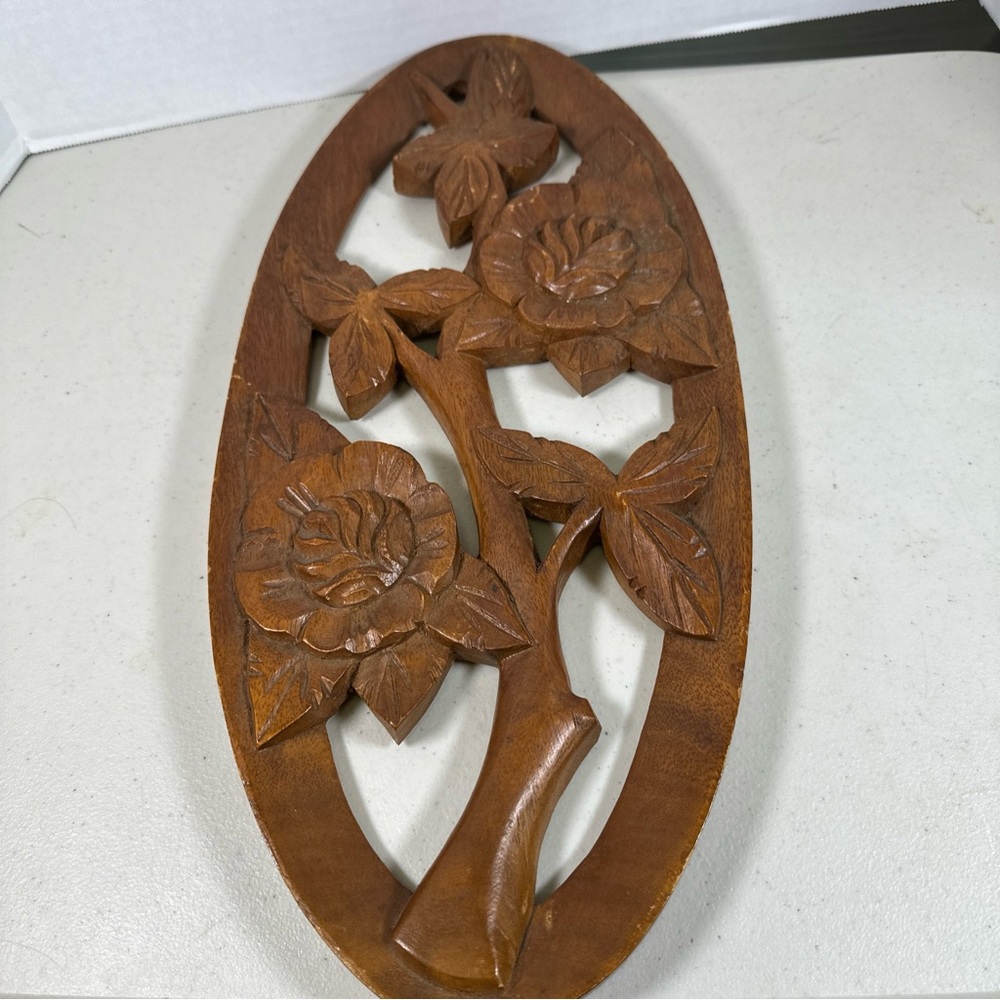 Hand Carved Wood Panel Featuring Flowers. Does Have A Few Wear And Tear Spots.